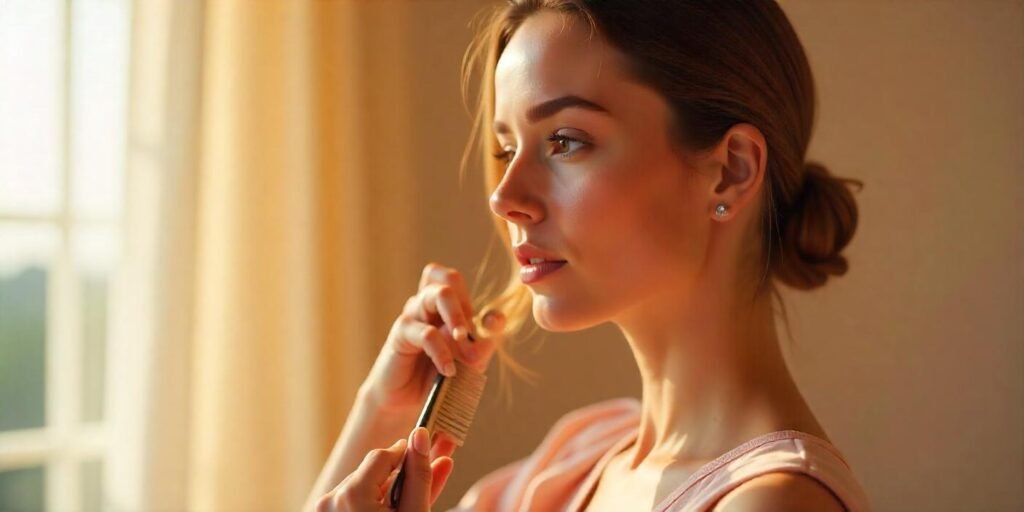 A woman sectioning her hair into neat parts while wearing a soft pastel dress in a romantic setting.