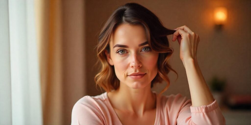 Woman styling layered hair with volume and texture in a romantic setting.
v