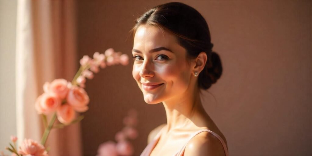 Elegant woman with a sleek fan updo hairstyle, wearing a blush pink formal dress in a romantic setting.