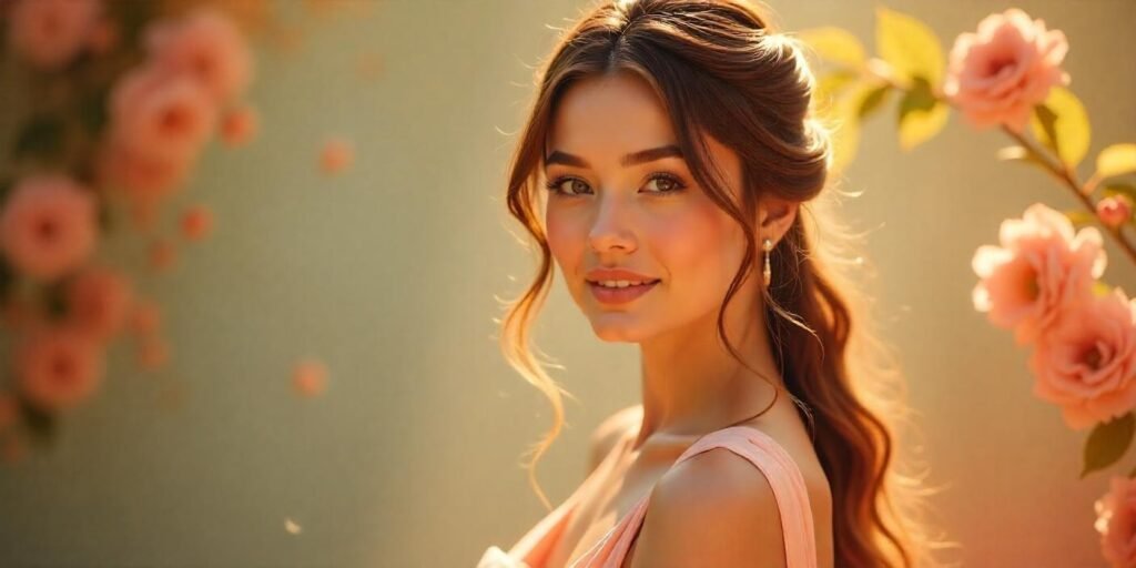 Elegant woman with textured fan half-up, half-down hairstyle in soft pastel pink dress