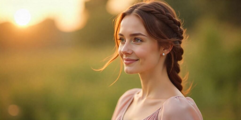 Woman with braided fan hairstyle, soft pastel dress, romantic garden background, relaxed look.