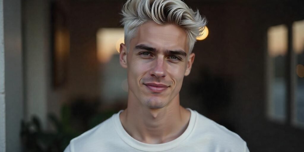 Tousled texture hairstyle for thin hair with platinum blonde and dark-rooted highlights. Natural look, romantic background.

