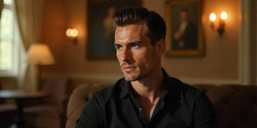 Young man with slicked back hair, wearing a black shirt, in a romantic setting with natural features.







