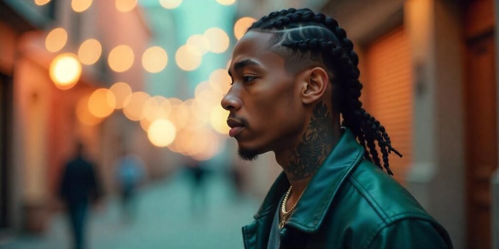 Young man with voluminous braided hair in a romantic setting, wearing a green leather jacket.

