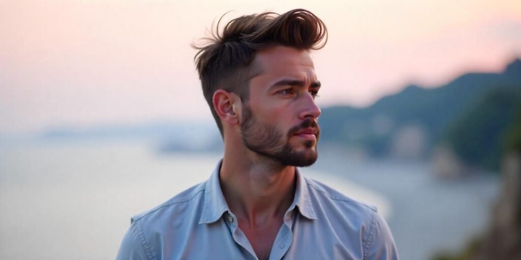 "Men's grown-out brushed-back hairstyle with beard, natural textured look, and relaxed expression."

