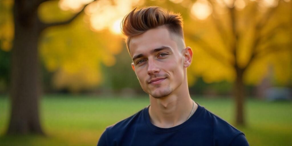 "Realistic image of a young man with longer hair on top and shorter sides, styled for thin hair in a romantic setting."






