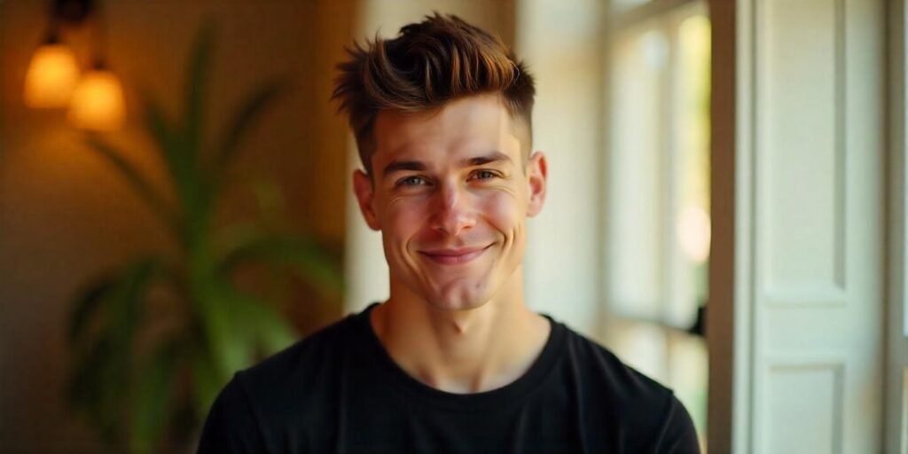 "Realistic image of a man with a short and spiky hairstyle, showcasing volume and texture in a romantic setting."







