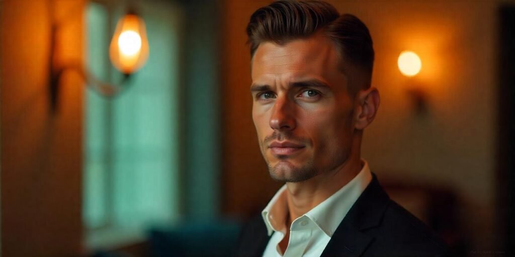 Realistic slicked-back hairstyle for men with thin hair, adding fullness and sophistication.







