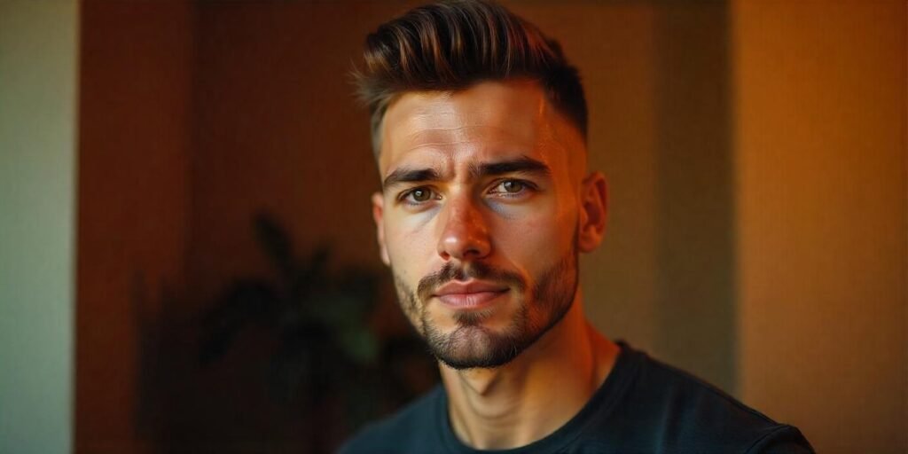 Realistic tapered fade haircut with a beard, adding volume to thin hair, natural facial features, and romantic background.







