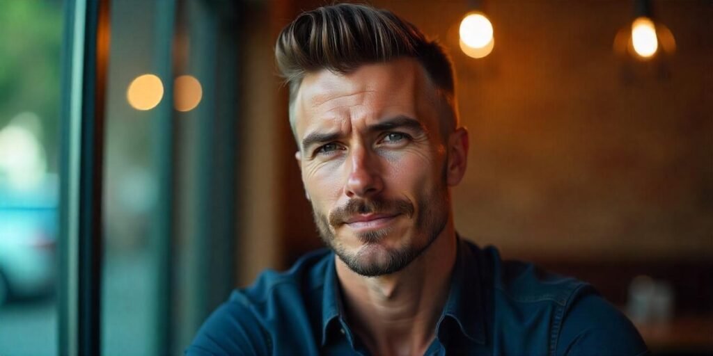 Man with a tight taper haircut, stylish and natural, set against a romantic background.







