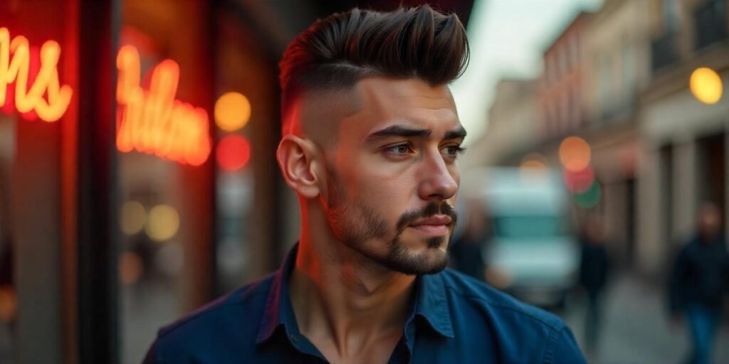 "Graduated fade haircut with volume on top and a well-groomed beard for men with thin hair."

