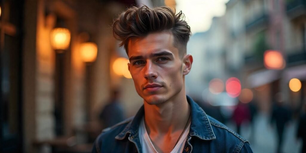 "Realistic photo of a young man with an undone pompadour hairstyle, styled for a cool, romantic vibe."