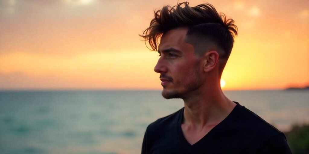"Short shag hairstyle for men with textured layers, natural finish, and romantic background."