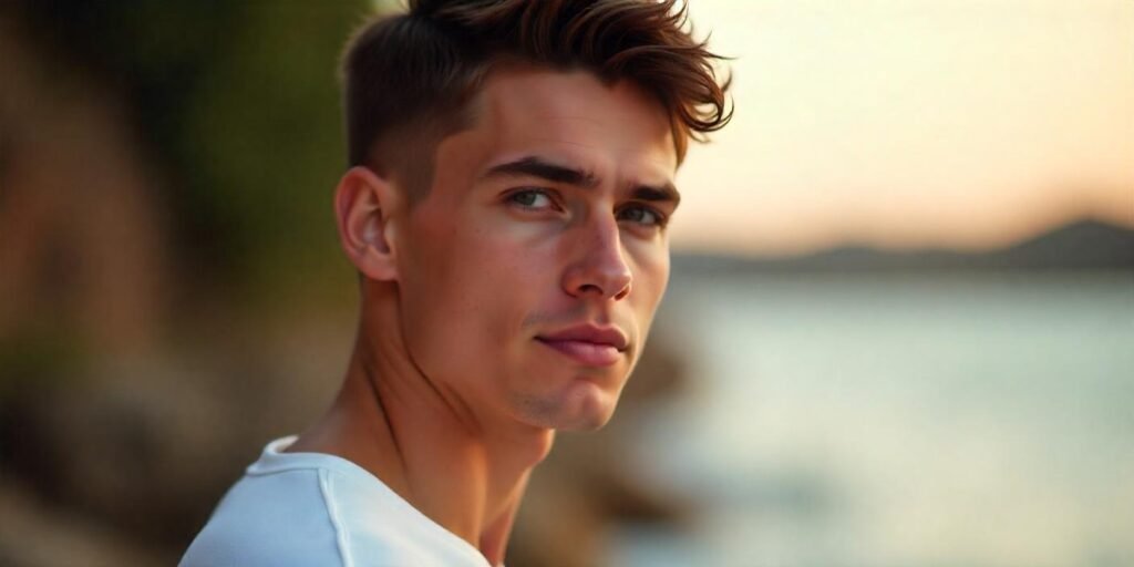 Textured crop hairstyle for men with short crop and faded sides, casual white shirt, romantic background, realistic neck.