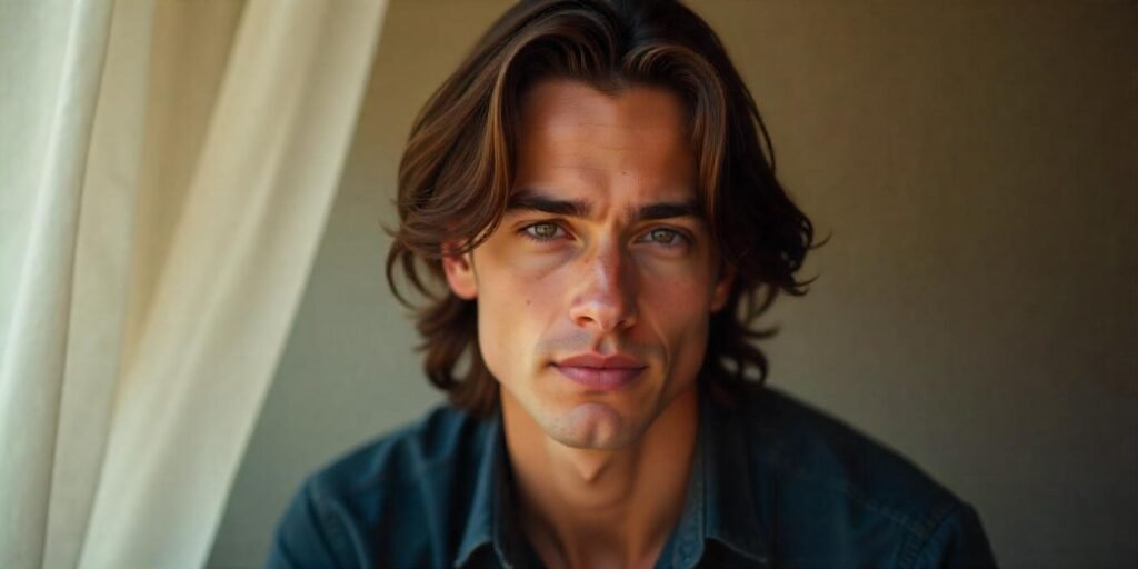 "Men's medium-length center part hairstyle with layers, fullness, and romantic vibe."