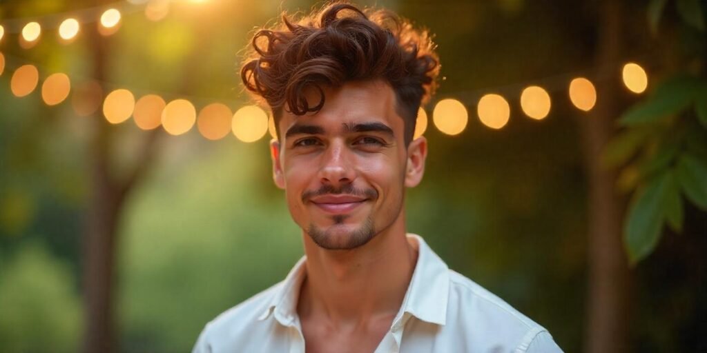 "Curly high-top fluffy Edgar haircut with voluminous spiral curls and tapered sides, set in a romantic, soft background."
