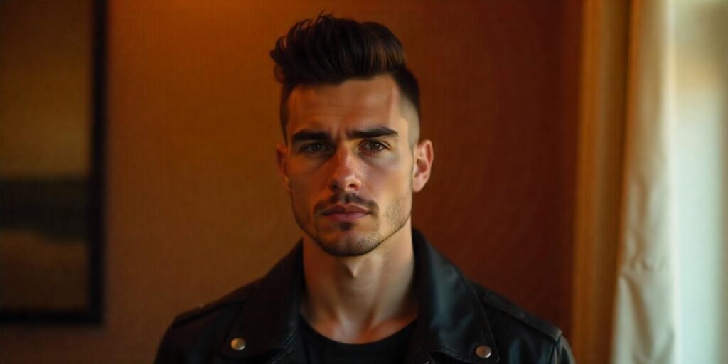 "Pompadour high fade hairstyle for men, styled with confidence, set in a romantic ambiance."