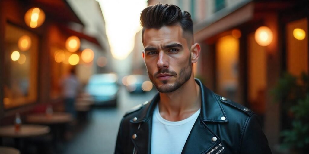 "Man with Pompadour Drop Fade hairstyle wearing black leather jacket in a romantic sunset background."