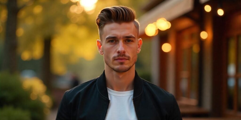 "Realistic image of a young man with a pompadour taper haircut, confident and stylish in a black jacket, walking in a romantic setting."