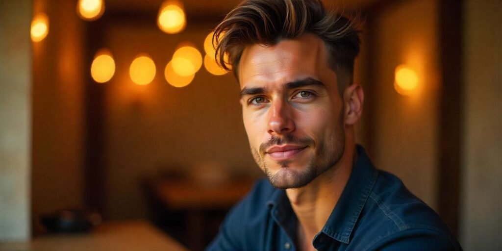 Young man with textured pompadour hairstyle, relaxed look, and casual outfit in a romantic setting.