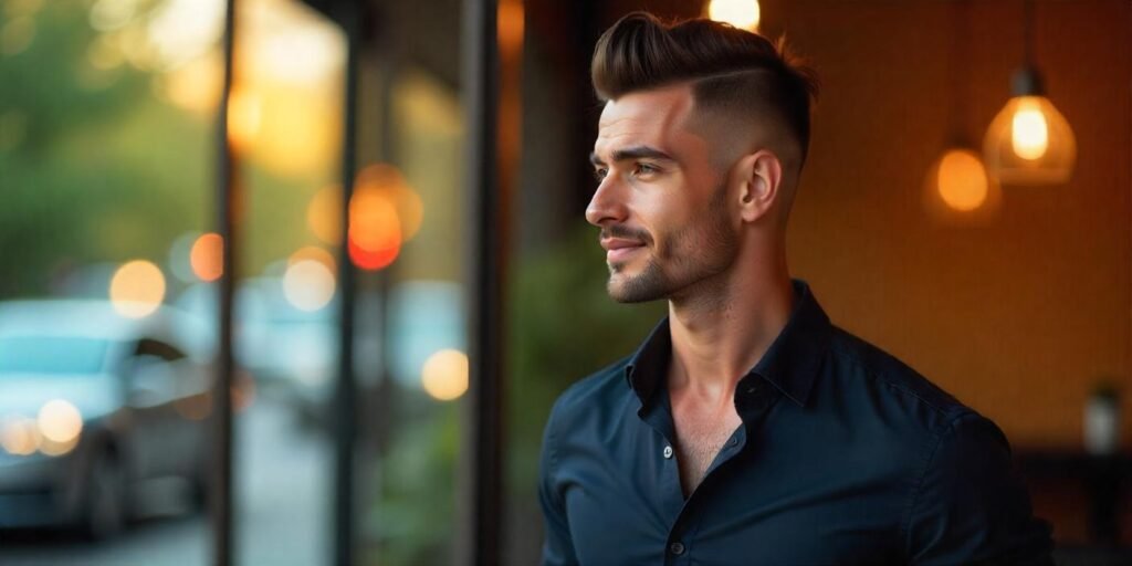 "Undercut pompadour hairstyle for men with thick hair, stylish look, and romantic background."