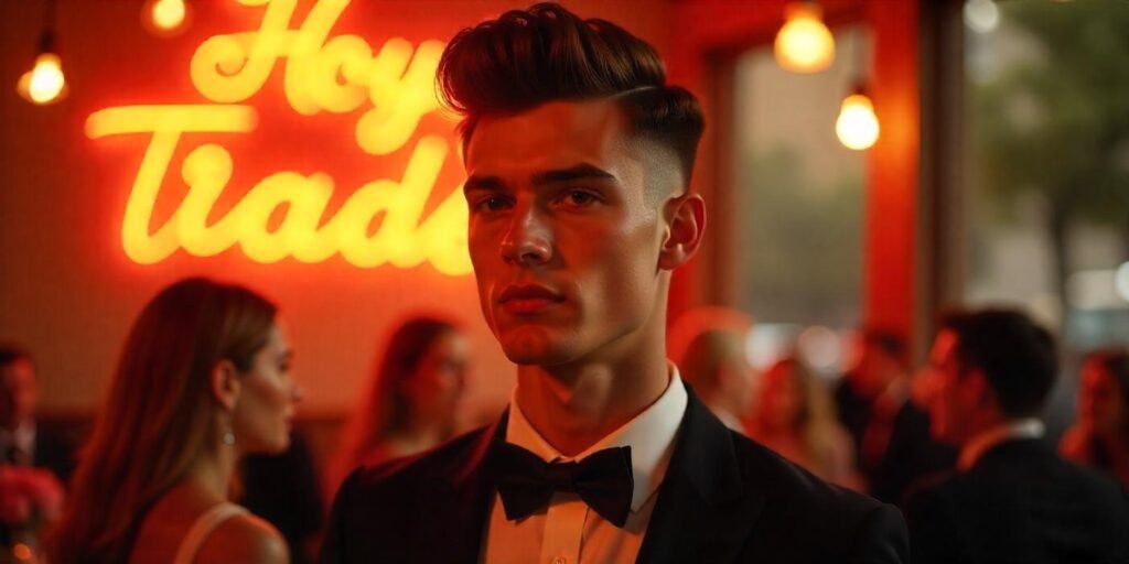 Young man with high-volume quiff pompadour hairstyle in formal setting, showcasing elegance and fullness.
