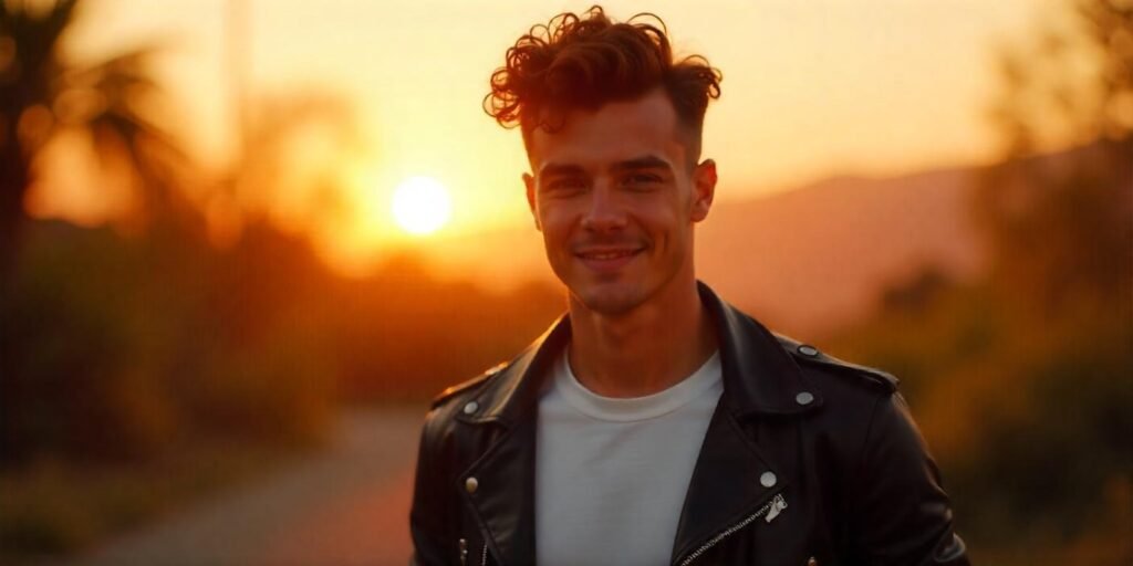 Young man with curly pompadour haircut and casual outfit in a romantic sunset setting.