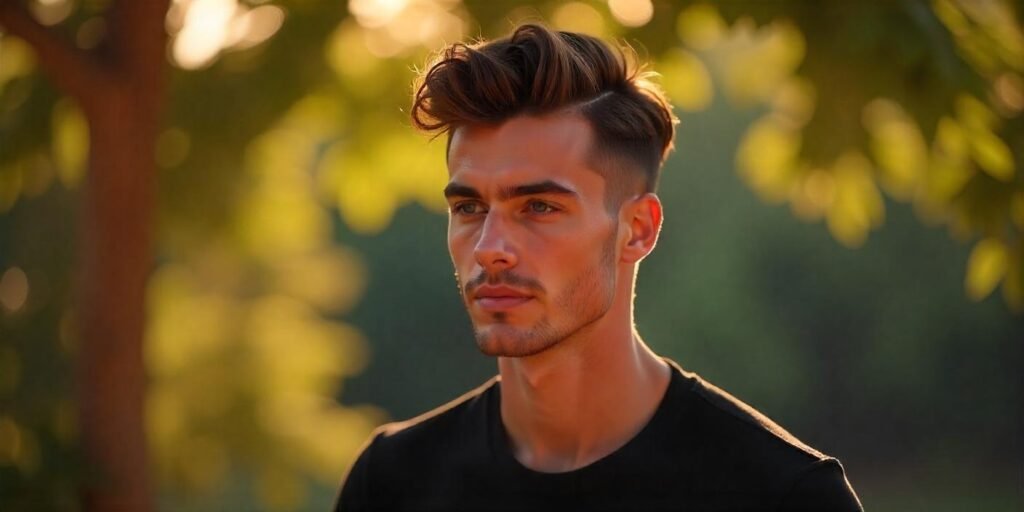 "Short pompadour hairstyle for men with dark brown hair, casual black t-shirt, and relaxed expression."
