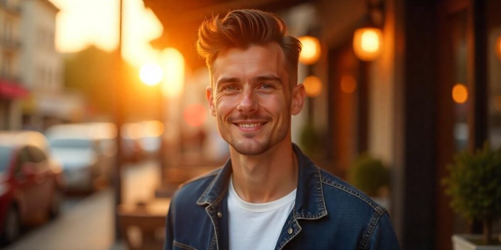 "Realistic image of a man with a mid pompadour hairstyle and mid fade, in a romantic outdoor setting."