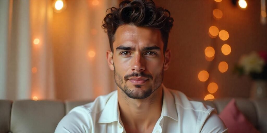 "Short curly or permed Pompadour hairstyle for men with natural volume and texture."