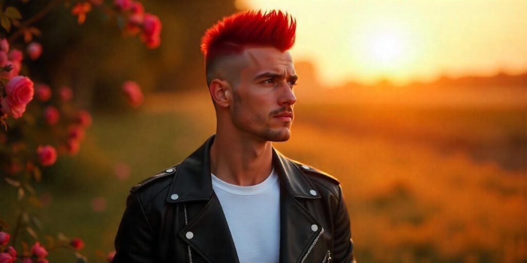 Short red mohawk with deep crimson color and leather jacket, confident look in romantic setting.
