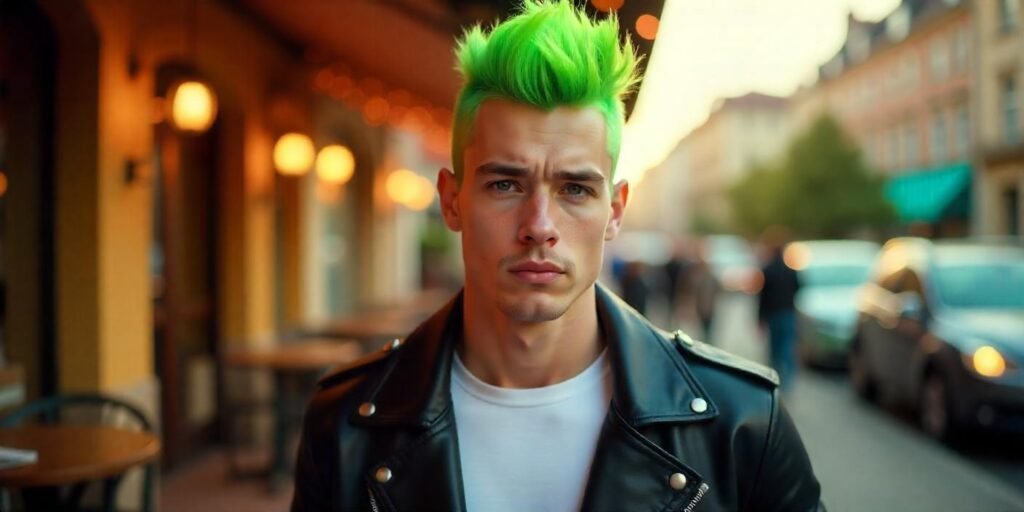 Man with a short green mohawk hairstyle in emerald and lime, wearing a black leather jacket, standing in a romantic outdoor setting.