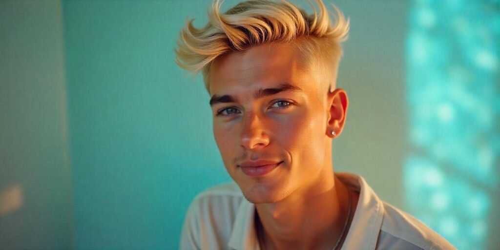 Young man with platinum to golden blonde hair in a romantic, sunlit setting with textured, fluffy top and faded sides.