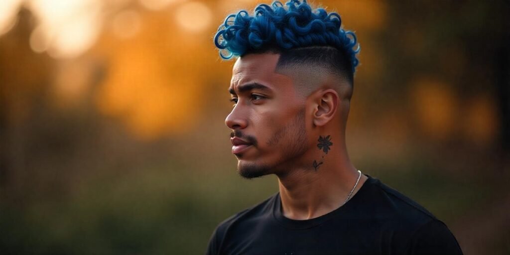 Man with short curly blue mohawk hairstyle and black t-shirt in a romantic, glowing background.