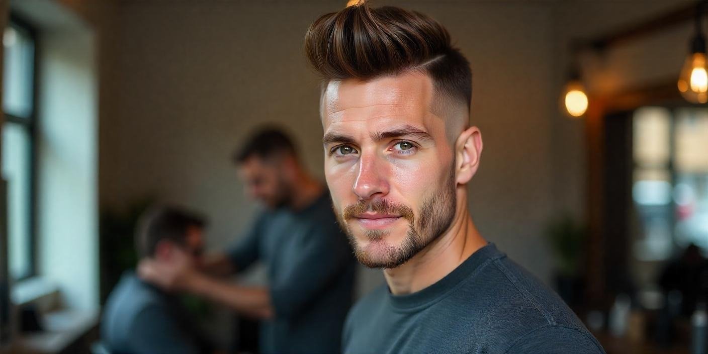 A man showing off his short mohawk fade hairstyle, featuring clean fades and voluminous top for a bold, modern look.
