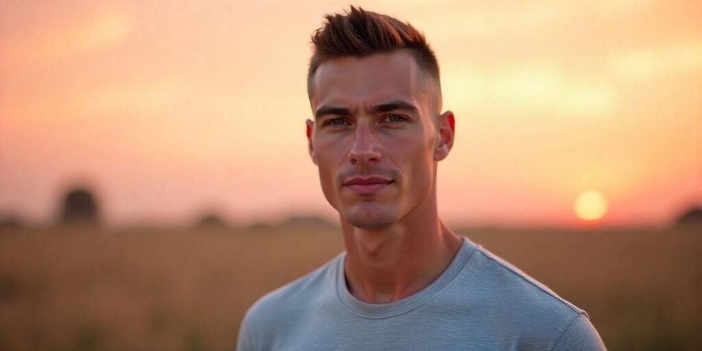 "Buzz cut hairstyle for men with dark brown hair, wearing a casual grey t-shirt, in a romantic outdoor setting."