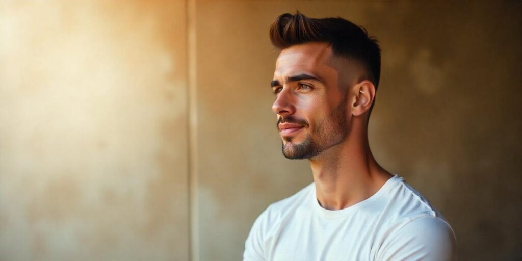 "Man with a crew cut hairstyle, wearing a white T-shirt, standing in a romantic background."