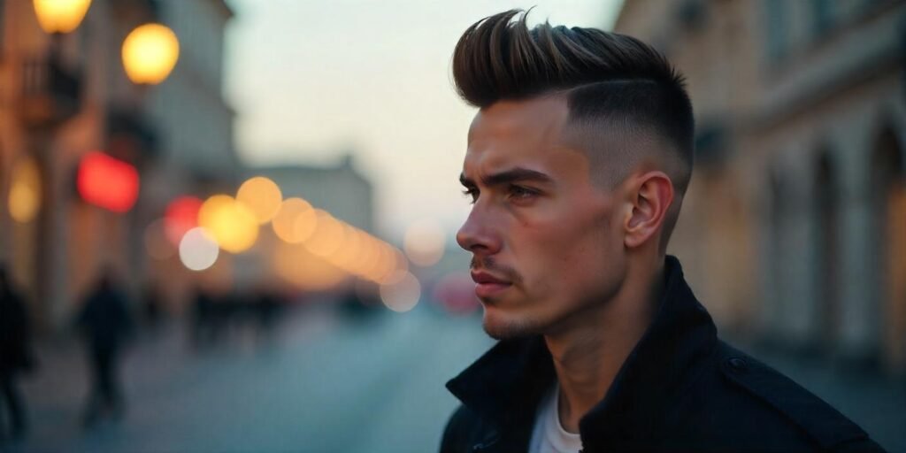 "Realistic photo of a man with a sharp flat top hairstyle in a black jacket against a romantic background"