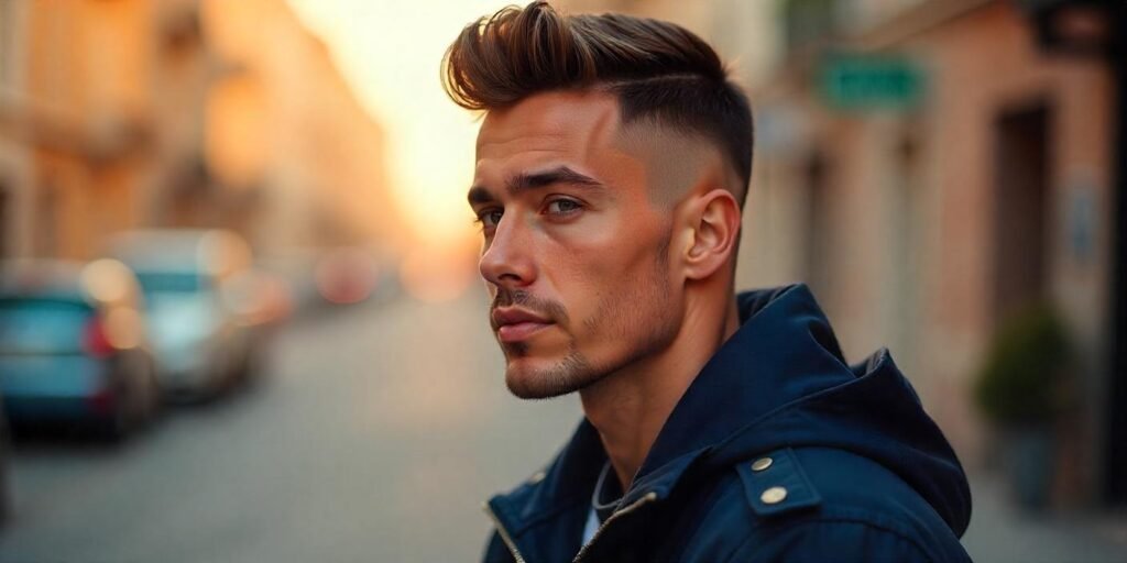 "Regulation cut hairstyle for men with shorter sides and neatly trimmed top in a romantic background."