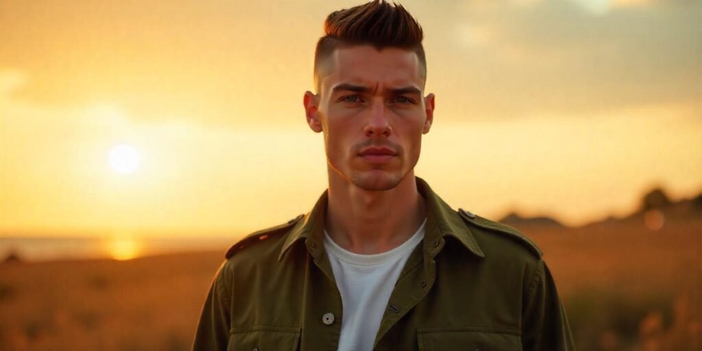Man with high and tight military haircut in a romantic sunset background, dressed in casual military jacket.