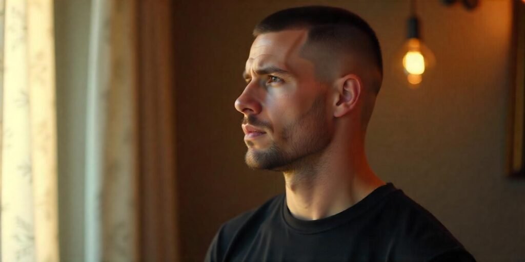Induction cut hairstyle for men with a clean, buzzed look and a romantic background.