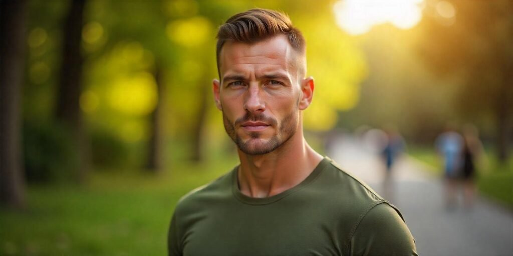"Man with burr cut hairstyle in military style t-shirt standing in romantic outdoor setting"