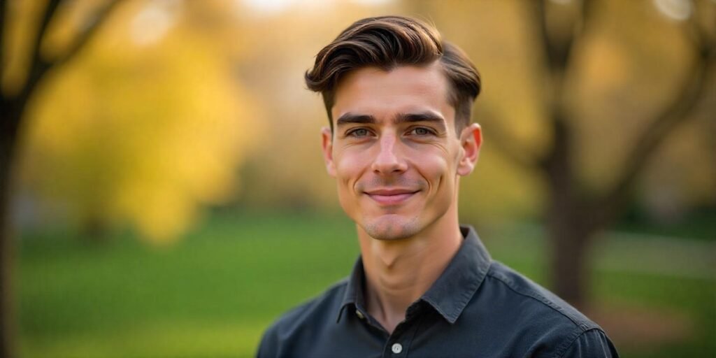 "Realistic image of a man with an Ivy League cut hairstyle, casual shirt, outdoors in a romantic setting."