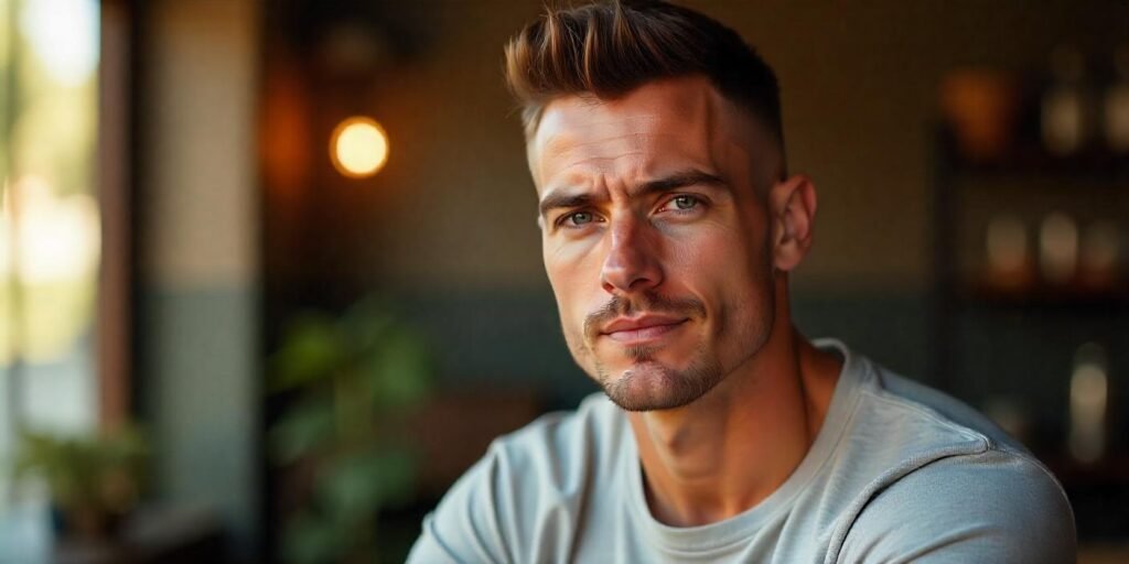 "Realistic photo of a man with a butch haircut, wearing a light-colored shirt, set against a romantic background."