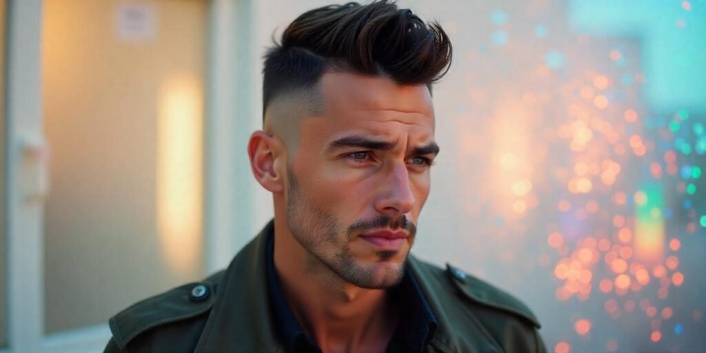 Man with Recon Cut military hairstyle featuring a skin fade and textured top, set in a romantic background.