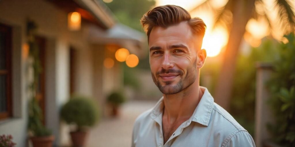 "Realistic image of a young man with a modern pompadour hairstyle, medium fade on the sides and textured top."