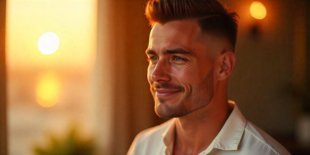 Man with a precision crew cut hairstyle, medium-high fade, textured top, and natural polished style in a romantic setting.