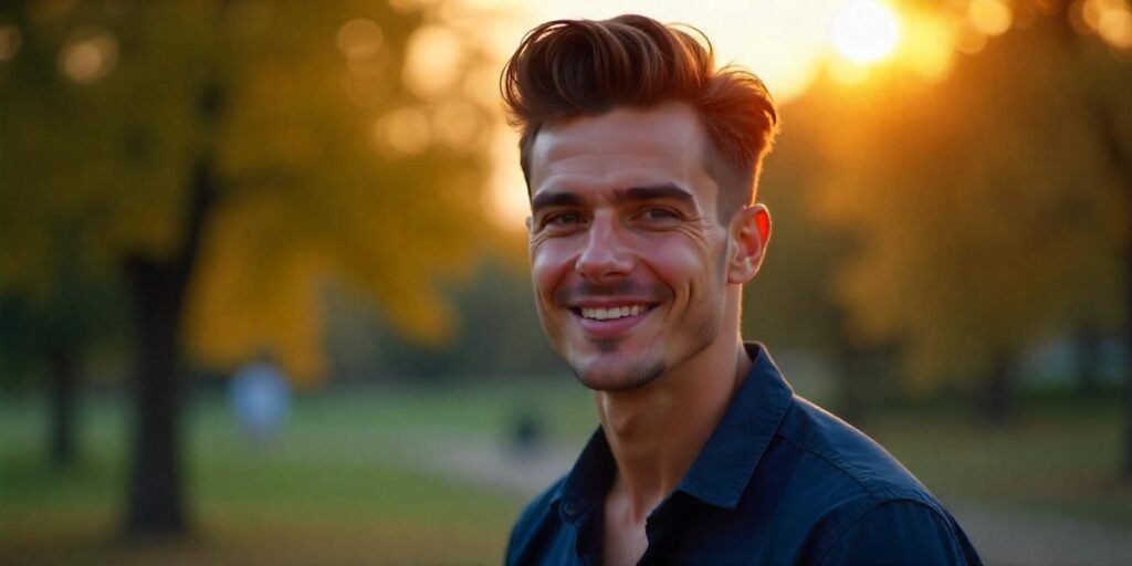 "Young man with refined side part hairstyle, styled for a natural, sophisticated look in a romantic setting."