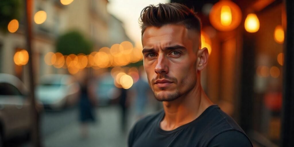"Man with a graduated buzz cut hairstyle featuring a #2 on top and #1 on the sides, with a soft fade in a romantic setting."