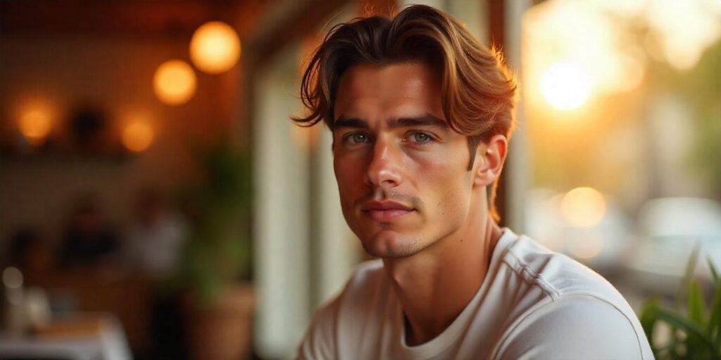 "Medium-length hair with layers and face-framing pieces styled naturally for men."
